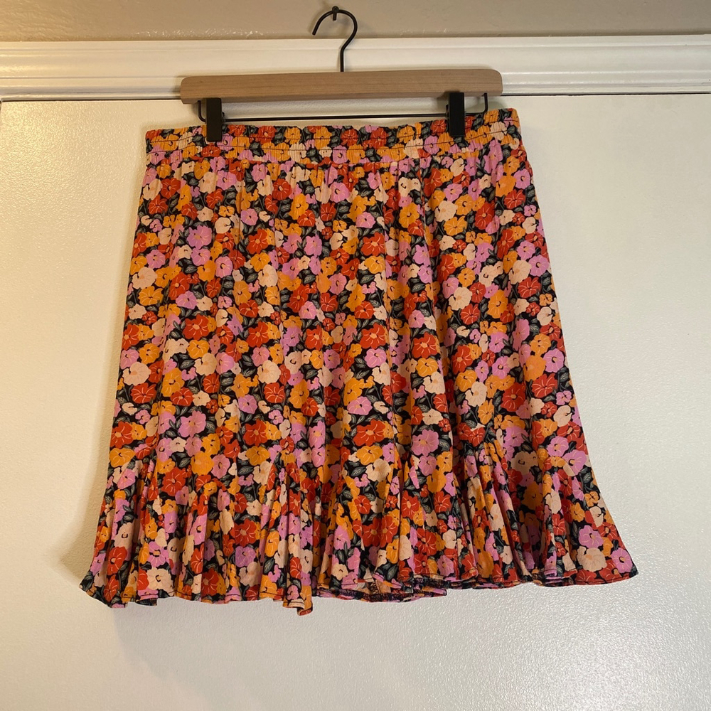 Women's LOFT Floral Print Ruffle Skirt Orange/Pink/Yellow Size L